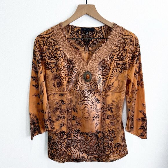 Vtg Y2K B.L.E.U. Top Womens Small Orange Floral Beaded Festival Fairy Grunge 90s - Picture 1 of 15